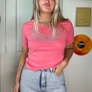 Vintage 90s Y2K Christine Alexander Pink Studded Angel Heart Baby T Sz S